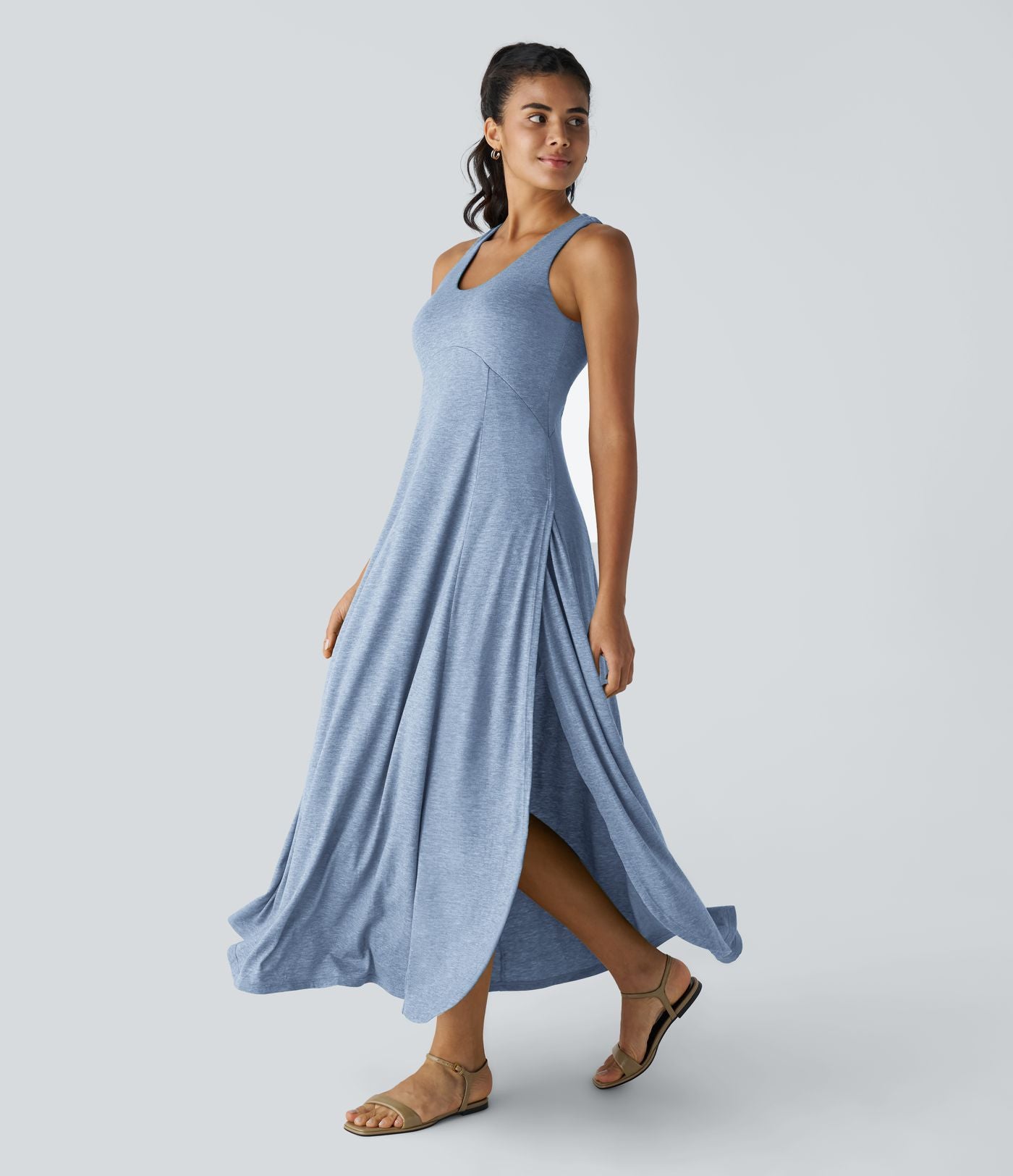 Robe Casual Débardeur Longue Fluide Fendue Dos Nu à Col en U
