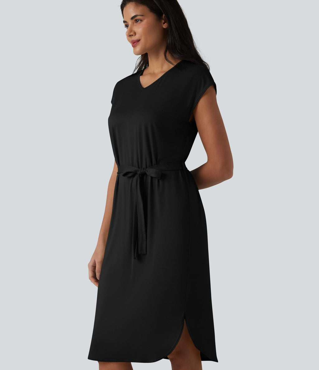 Robe t-shirt casual col V à manches courtes, ceinturée et ourlet arrondi