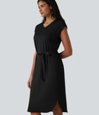 Robe t-shirt casual col V à manches courtes, ceinturée et ourlet arrondi