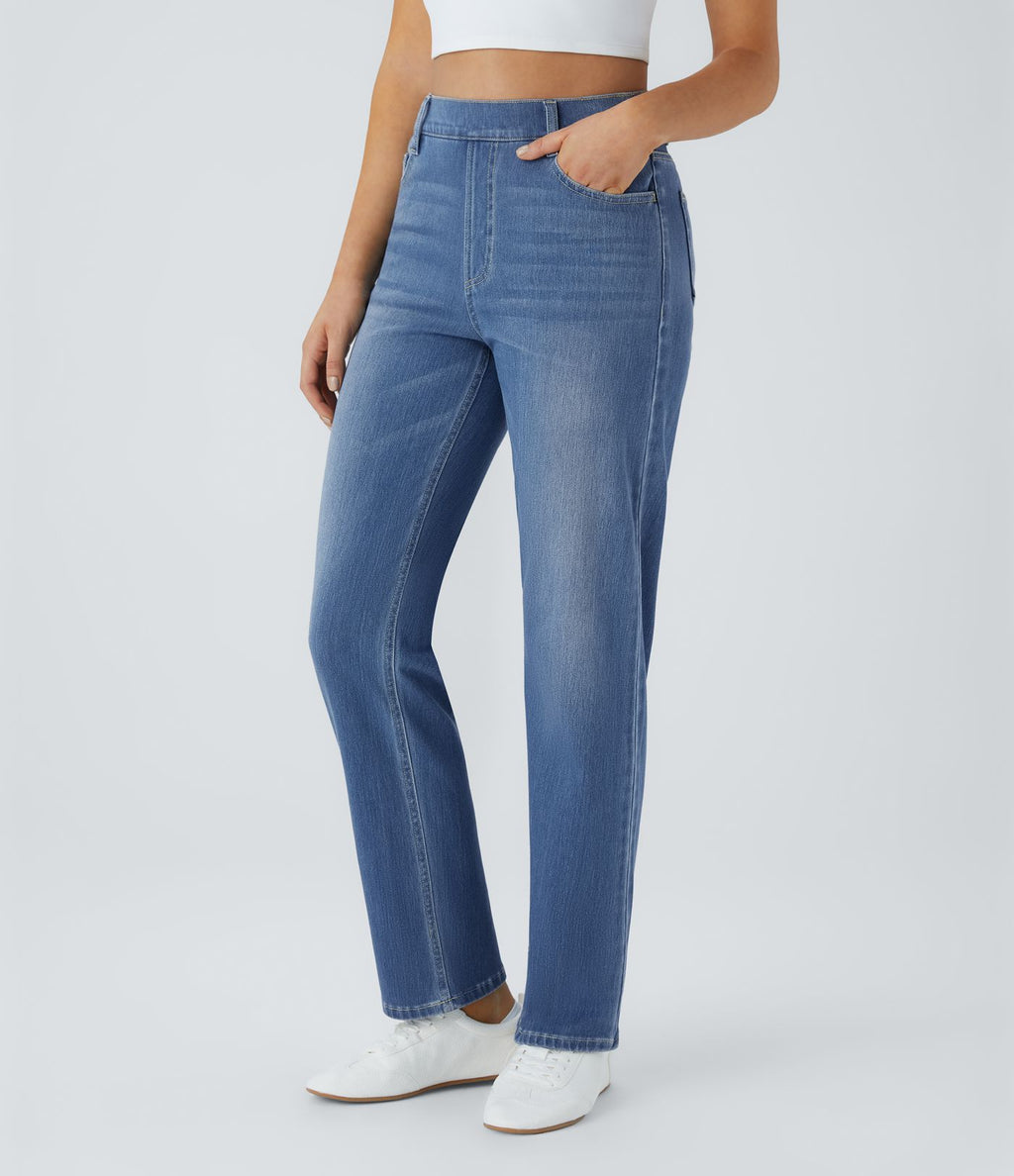 Jean droit Halara Flex™ à taille haute, poches multiples, effet délavé et tissu extensible
