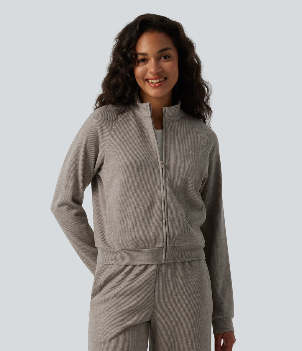 Veste casual côtelée à col montant, manches longues et fermeture zippée avec poches