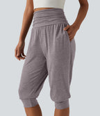 Jogging yoga corsaire chiné taille haute à fronces avec poches