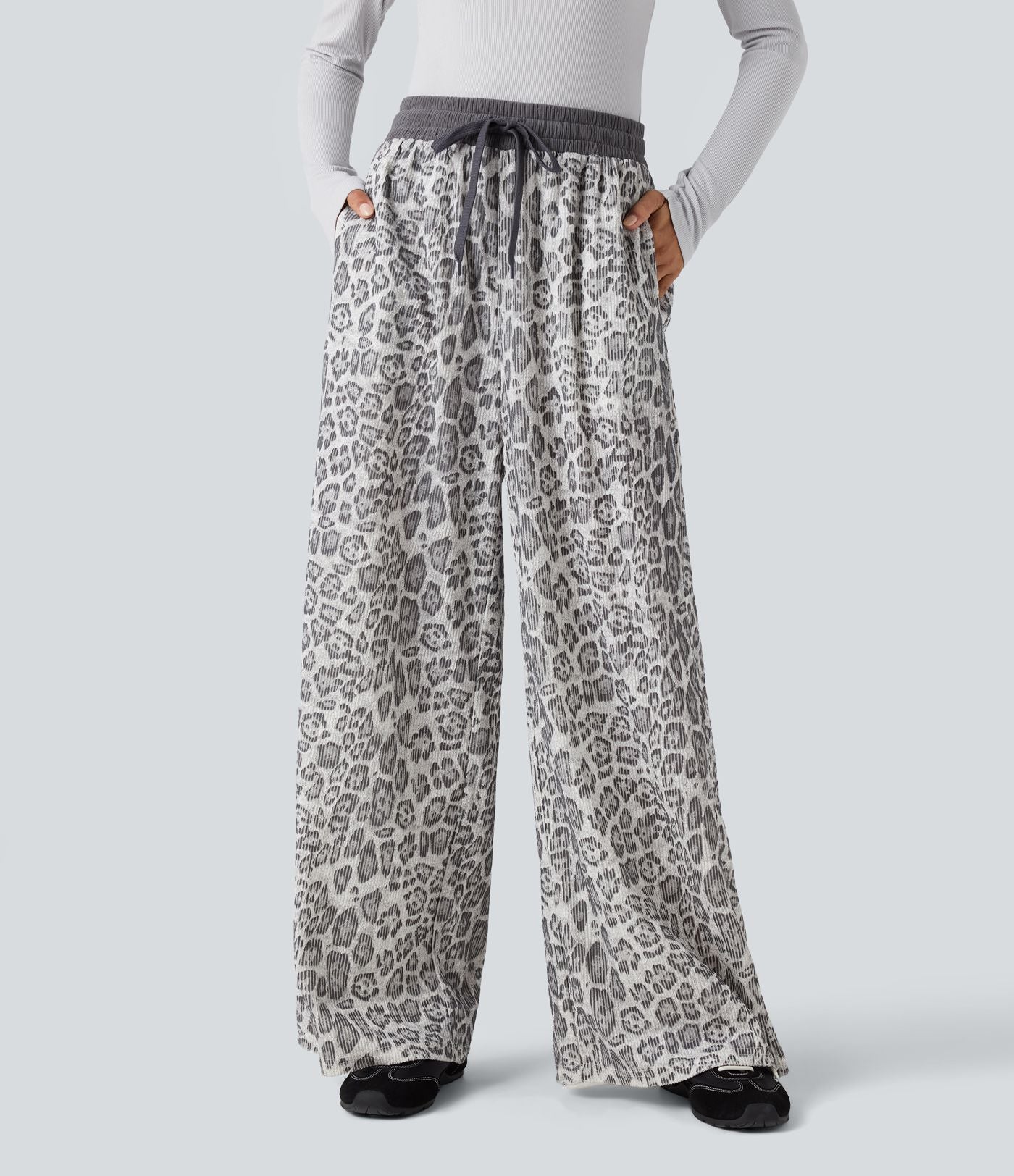 Pantalon baggy imprimé léopard taille haute avec cordon de serrage et poches