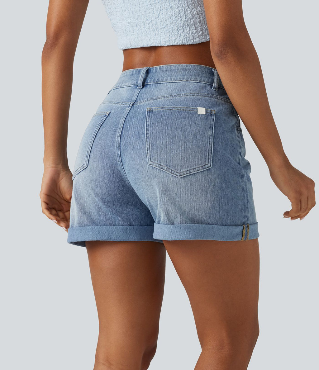 Short denim décontracté Halara Flex™ asymétrique délavé taille haute ourlet roulotté avec poches