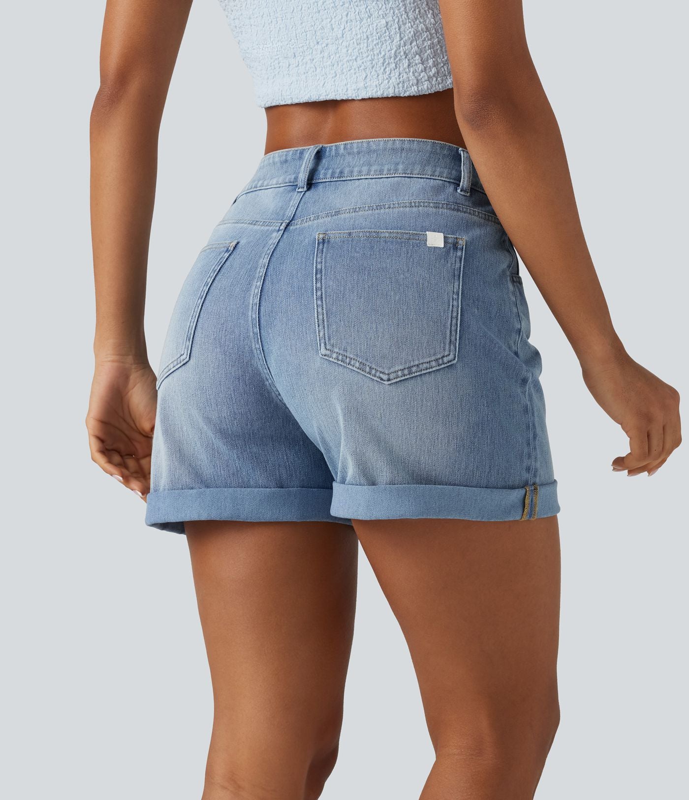 Short denim décontracté Halara Flex™ asymétrique délavé taille haute ourlet roulotté avec poches