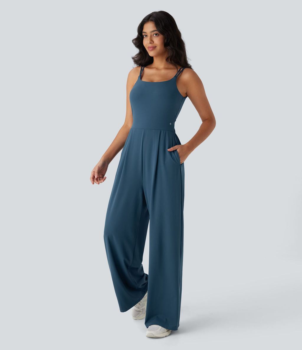 Combinaison de yoga Softlyzero™ Airy à doubles bretelles, dos nu, avec effet torsadé et poches latérales Cool Touch - Édition Easy Peasy