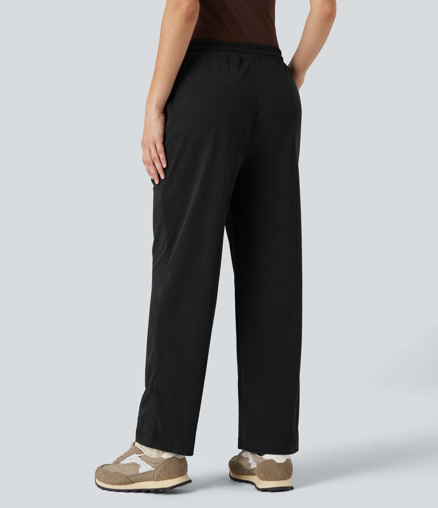 Pantalon décontracté fuselé en velours côtelé, taille mi-haute, cordon et poches