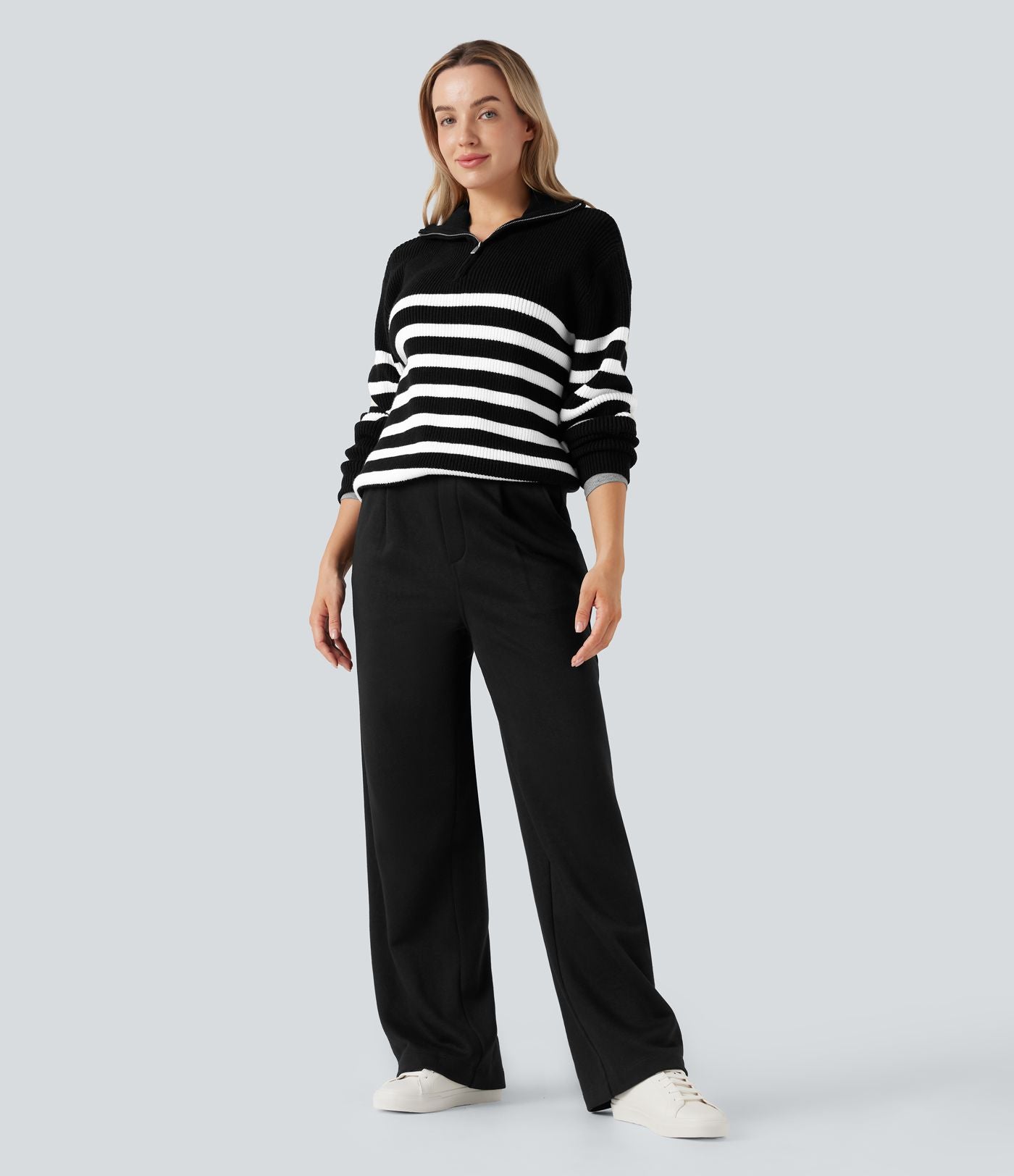 Pantalon jogging tailleur polaire coupe droite taille haute avec poches