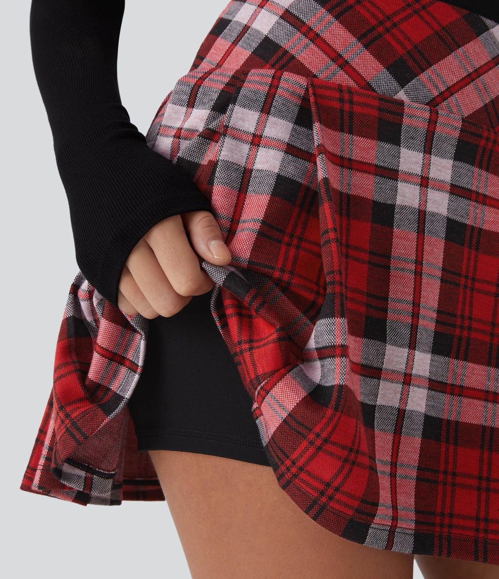 High Waisted de Decorative Buckle 2-in-1 Plaid Pleated Mini Casual Skirt