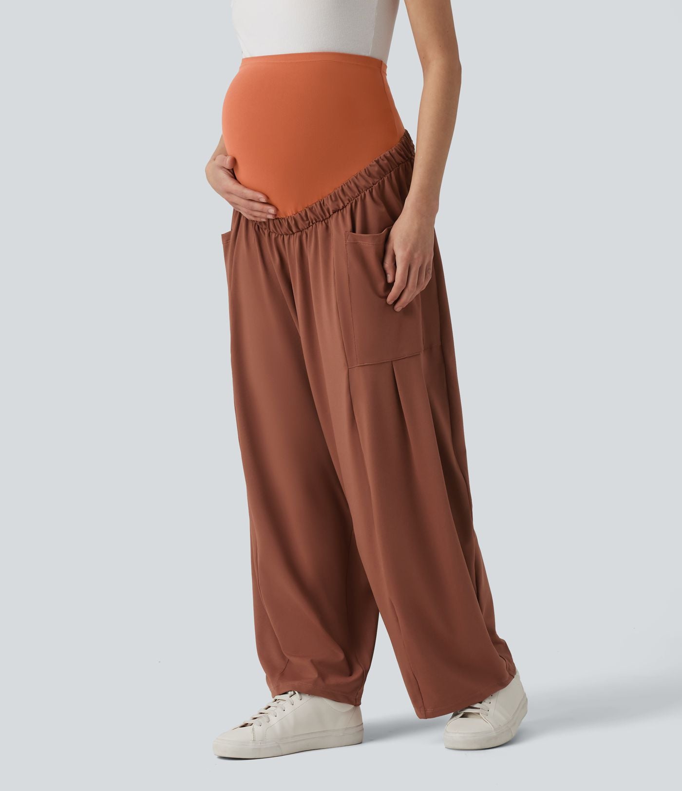 Pantalon de grossesse casual ample taille super haute avec cordon de serrage et poches