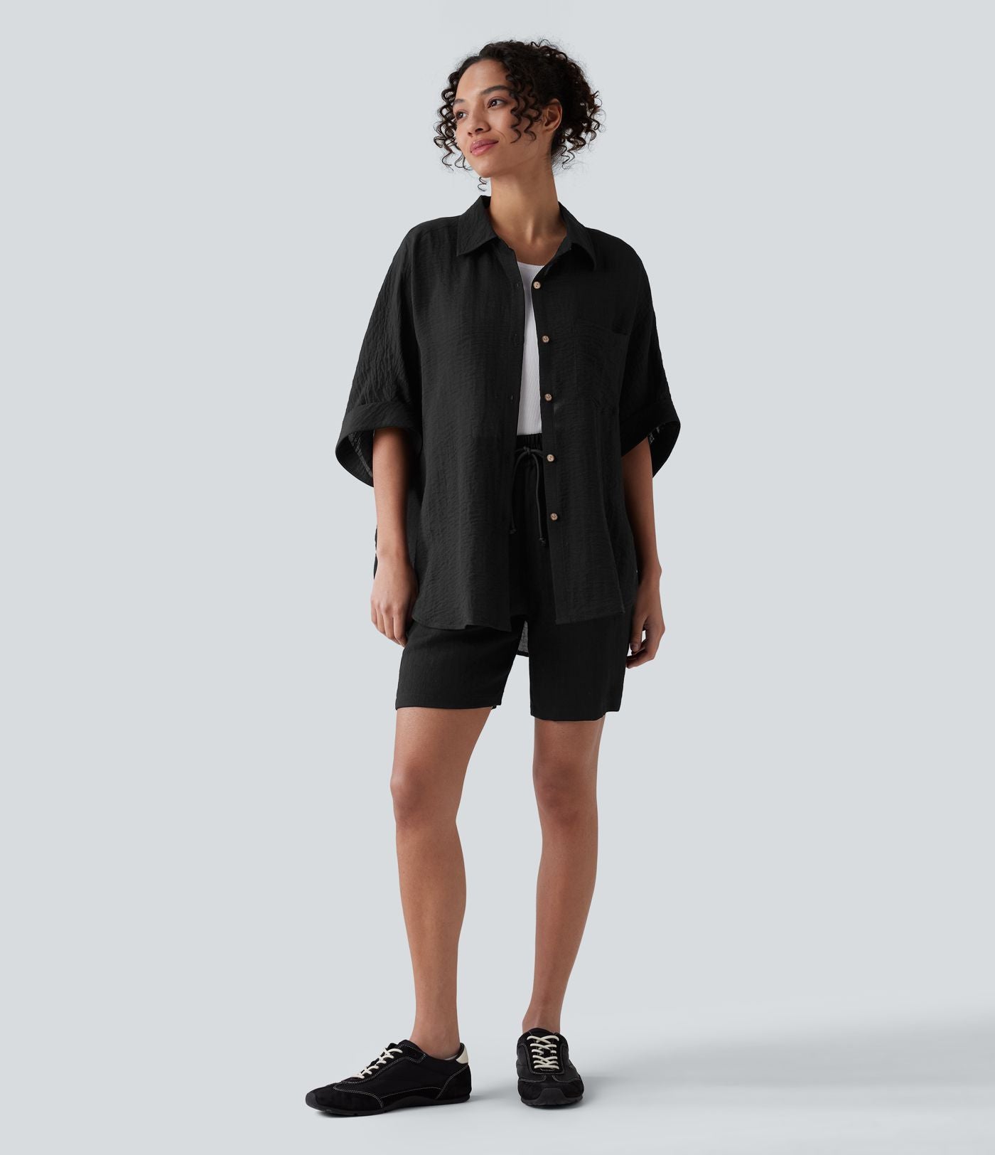Chemise décontractée effet lin à manches mi-longues avec poche