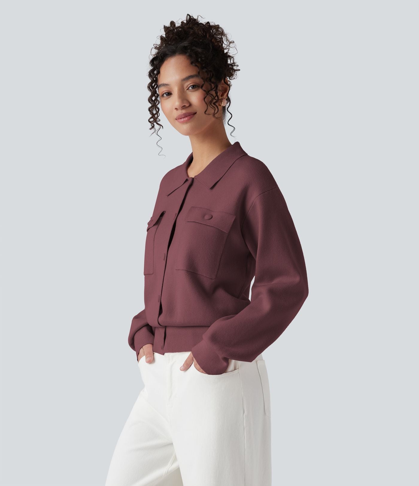 Pull décontracté à col chemise avec poches poitrine boutonnées