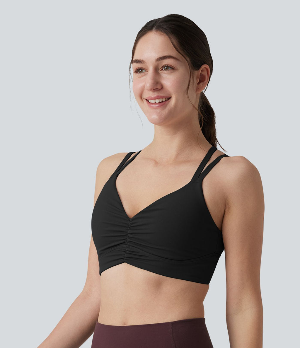 Brassière de sport yoga maintien léger dos croisé ouvert bretelles réglables froncée avec brassière intégrée, à effet frais InstantCool et séchage rapide, protection solaire UPF50+