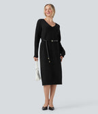 Robe pull laine mélangée col V manches longues mi-longue - réversible devant et dos