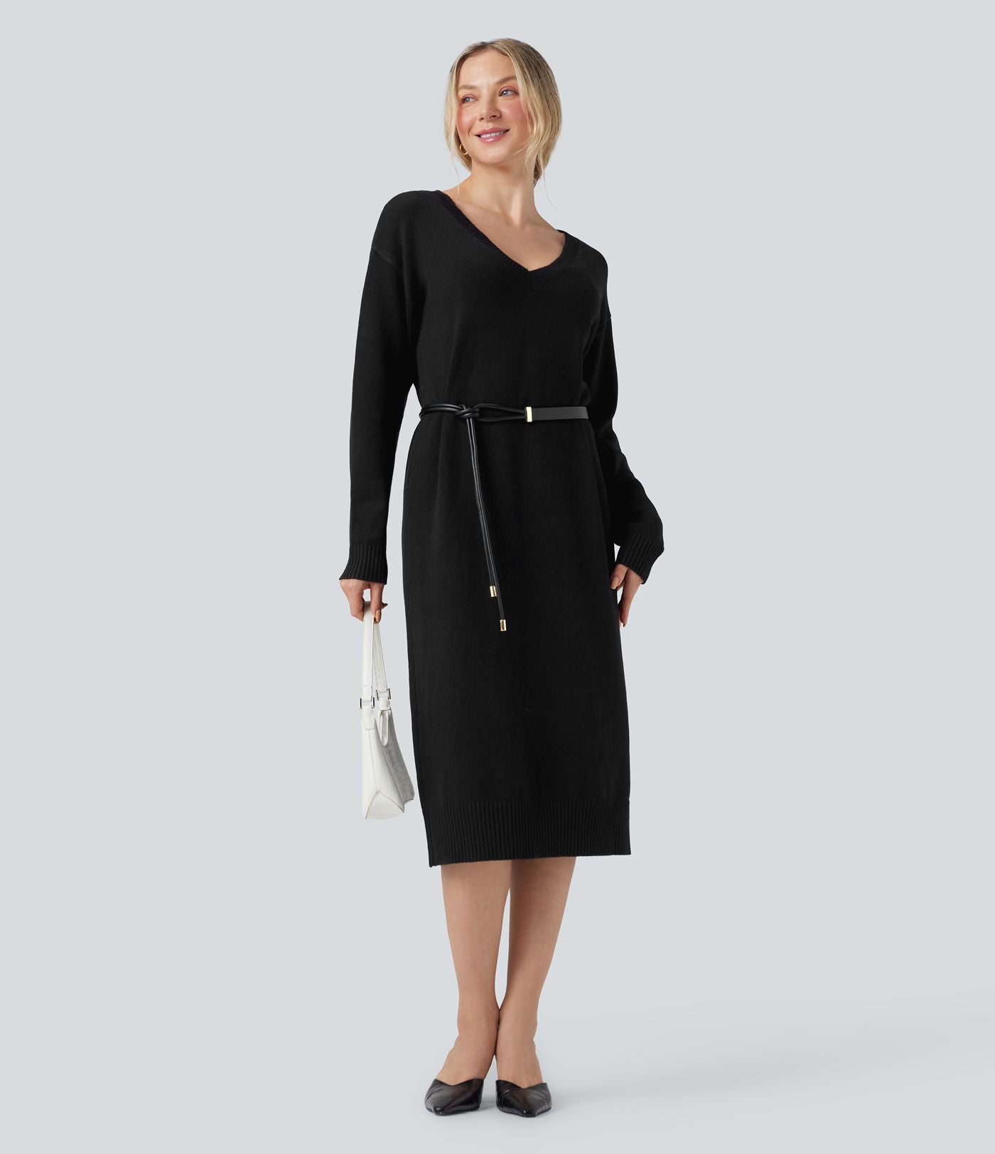 Robe pull laine mélangée col V manches longues mi-longue - réversible devant et dos