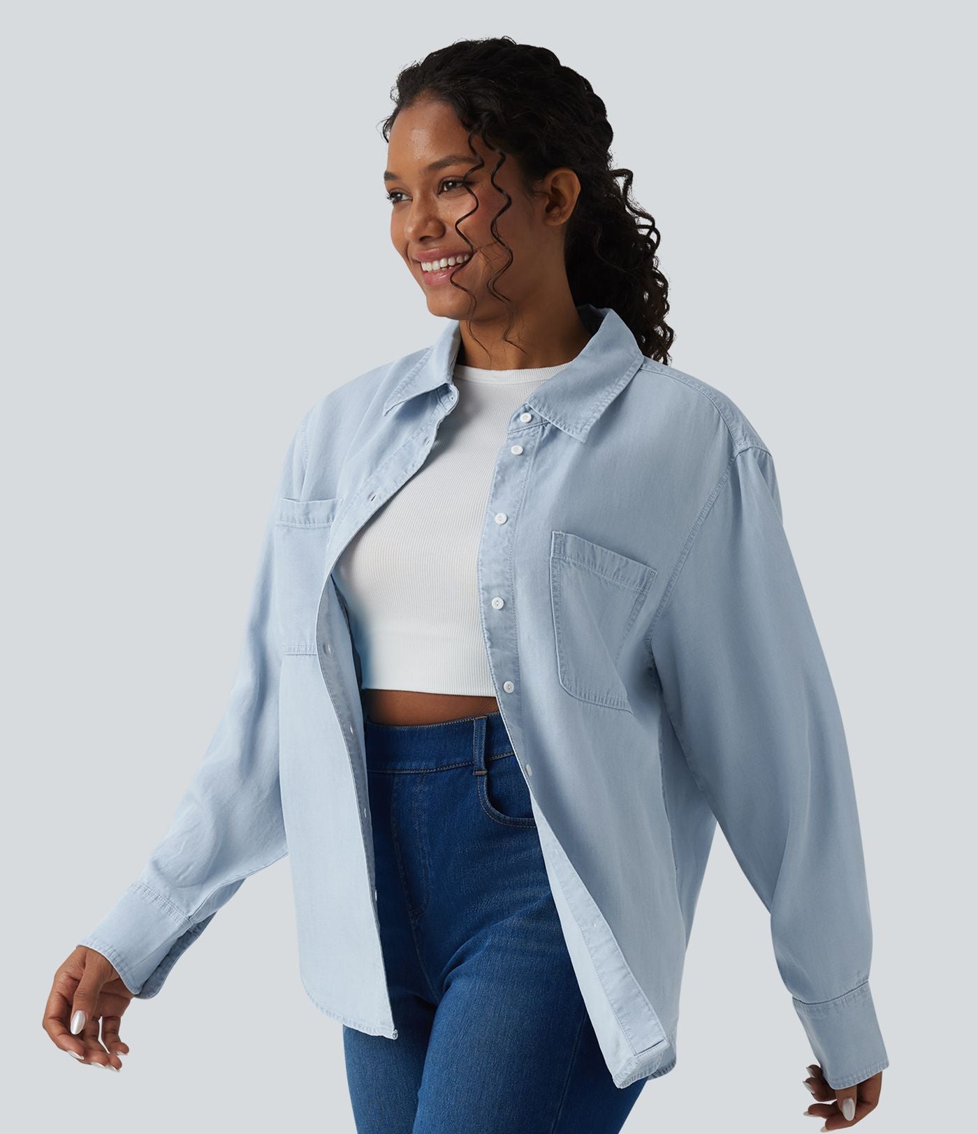 Chemise casual denim en lyocell manches longues avec poches