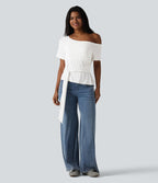 T-shirt décontracté asymétrique manches courtes soutien-gorge intégré nœud devant