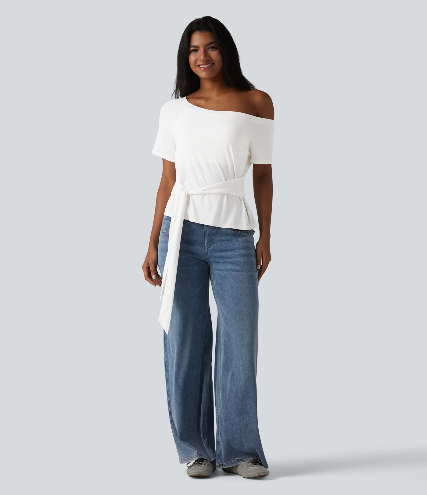 T-shirt décontracté asymétrique manches courtes soutien-gorge intégré nœud devant