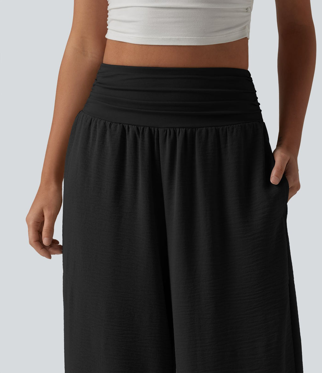 Pantalon ample taille haute ventre plat aspect lin avec fronces et poches
