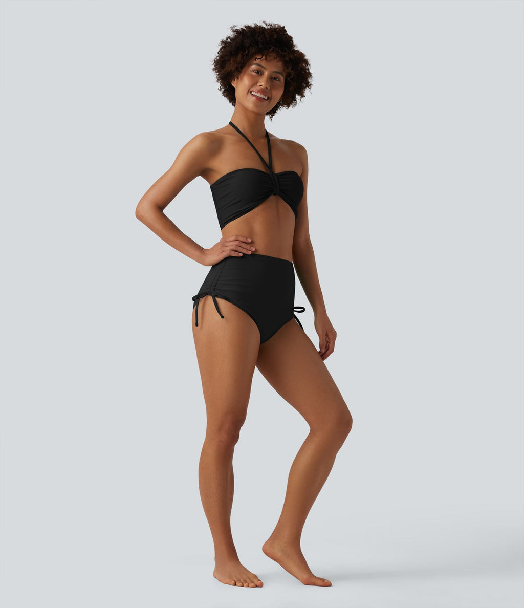 Bas de maillot de bain bikini gainant taille haute avec cordon de serrage et fronces