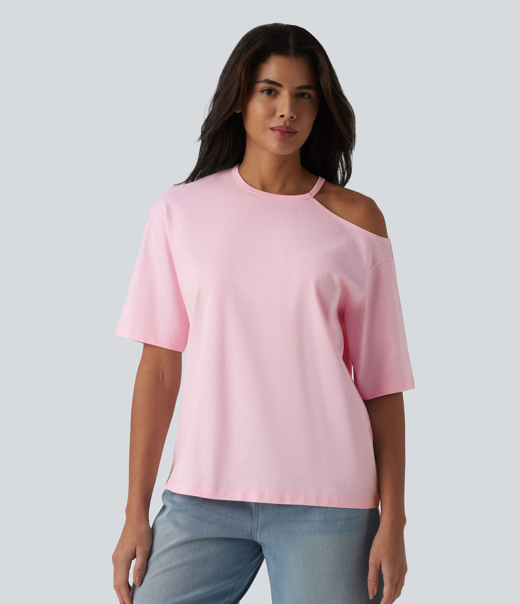 T-shirt décontracté en coton, encolure ronde, découpes et manches mi-longues