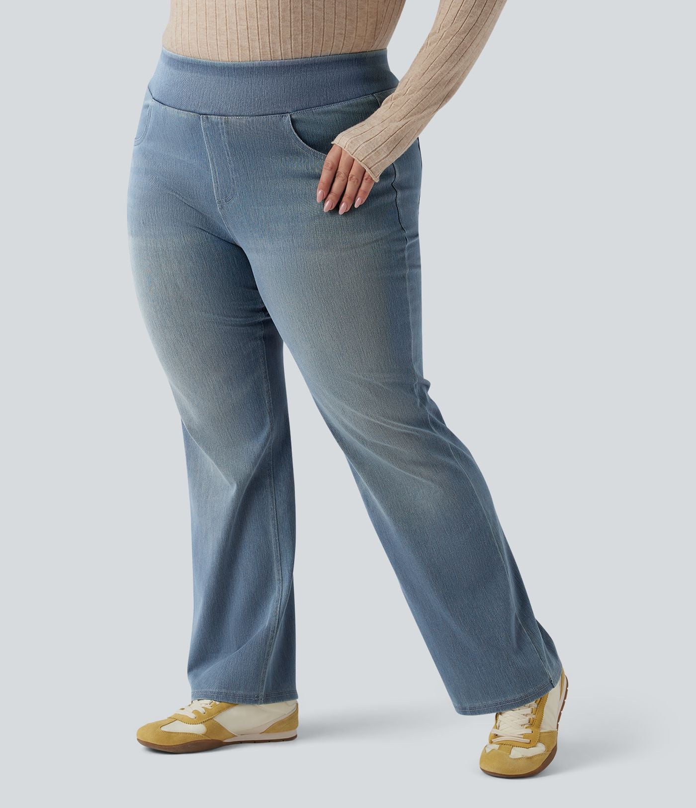 Jean décontracté Halara Flex™ grande taille bootcut taille haute en maille extensible délavée avec multiples poches