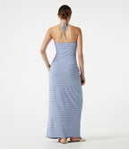 Robe maxi de plage à rayures col halter avec brassière intégrée, lien noué au dos et poches