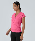 Blouse Travail Unie Froncée Croisée Manches Courtes Col en V