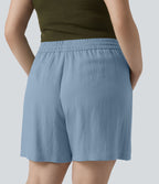 Short casual aspect lin grande taille taille haute avec cordon de serrage et poches