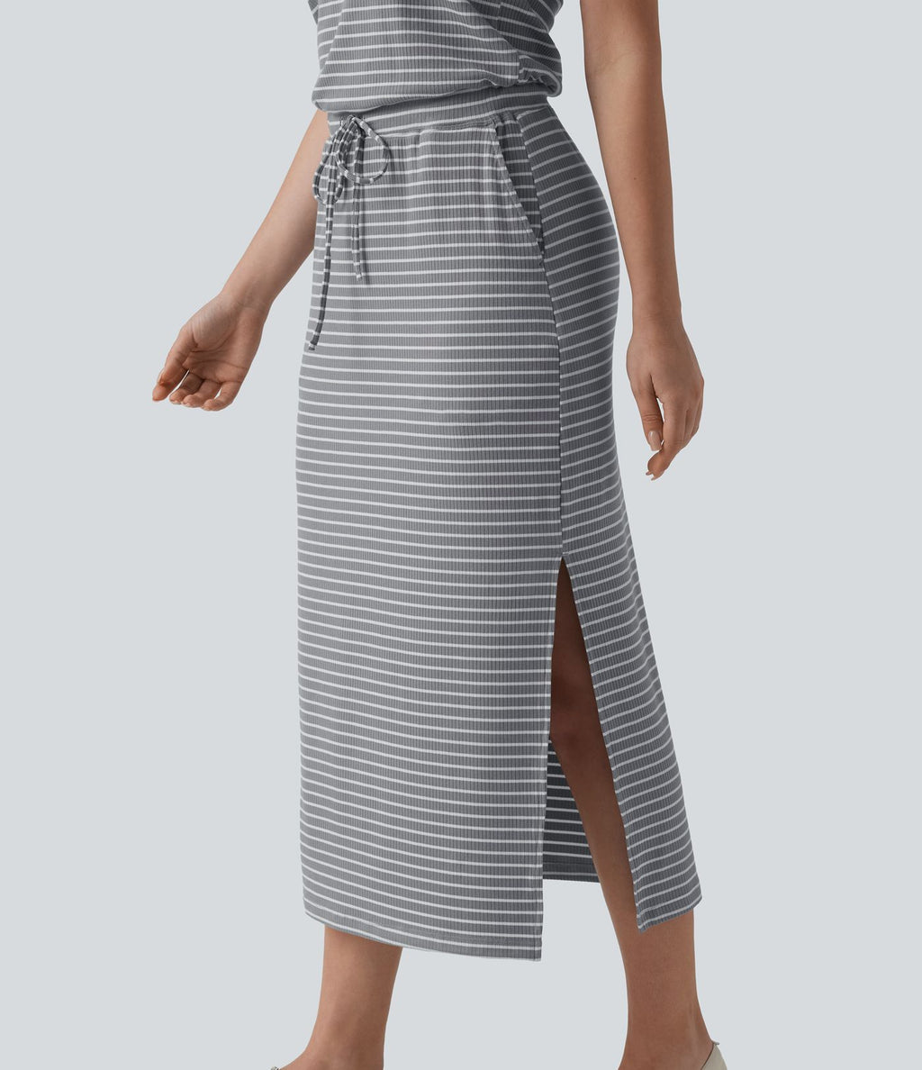Robe décontractée midi rayée avec brassière intégrée cordon de serrage et poches