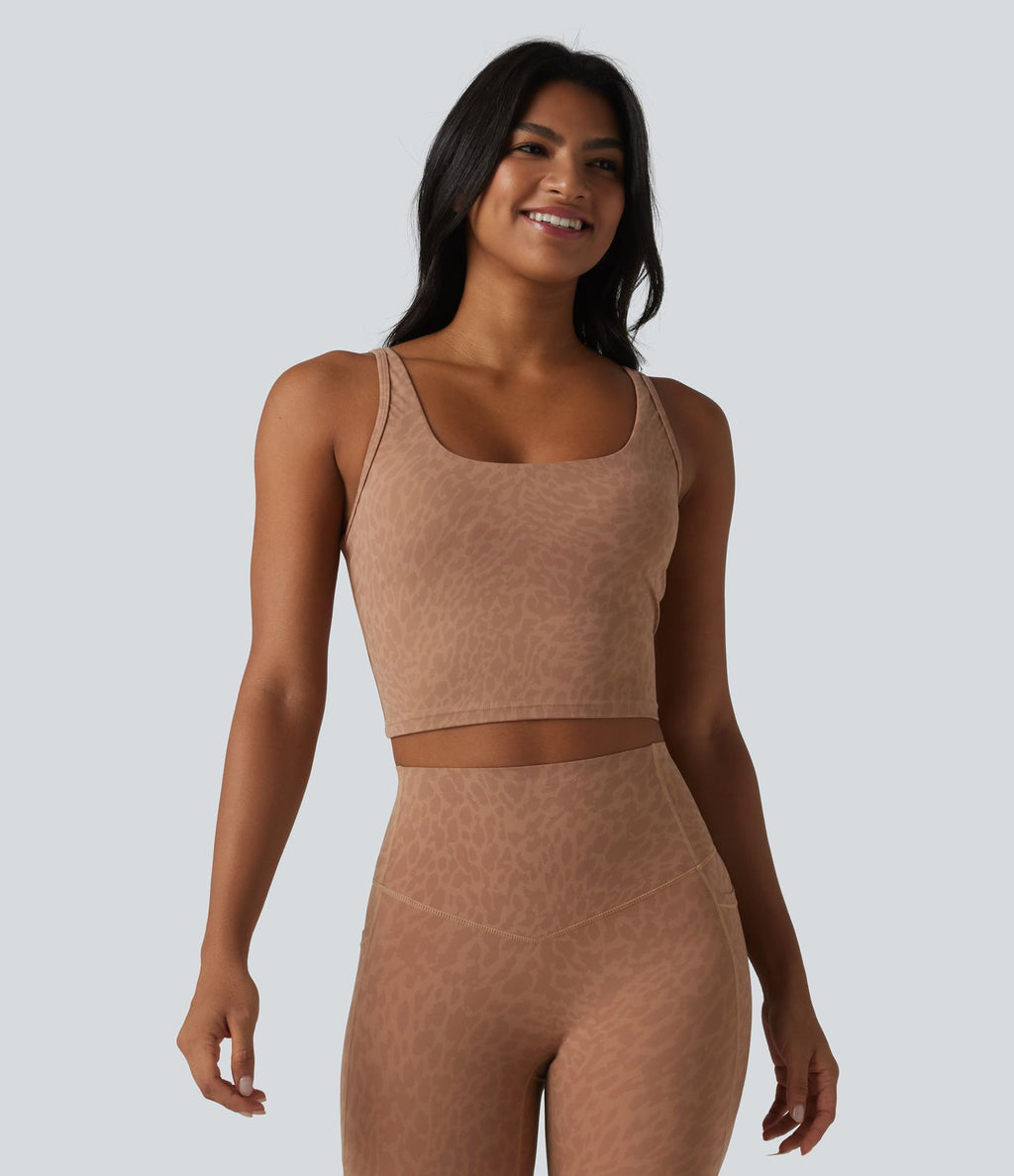 Débardeur de yoga court à imprimé léopard Halara UltraSculpt™ avec soutien-gorge intégré et décolleté en U