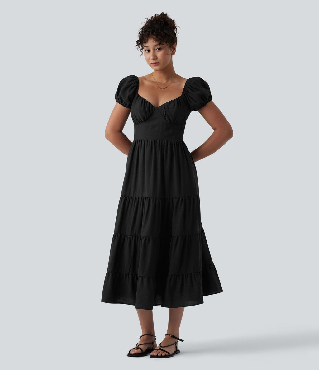 Robe midi décontractée à volants, col Queen Anne, manches bouffantes froncées et poches