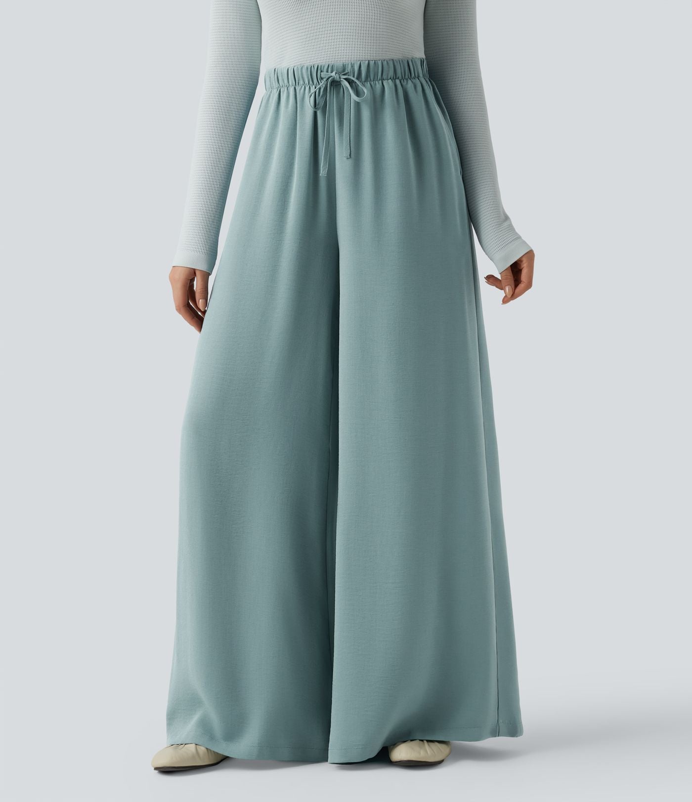 Pantalon large fluide décontracté taille haute effet lin avec cordon de serrage et poches