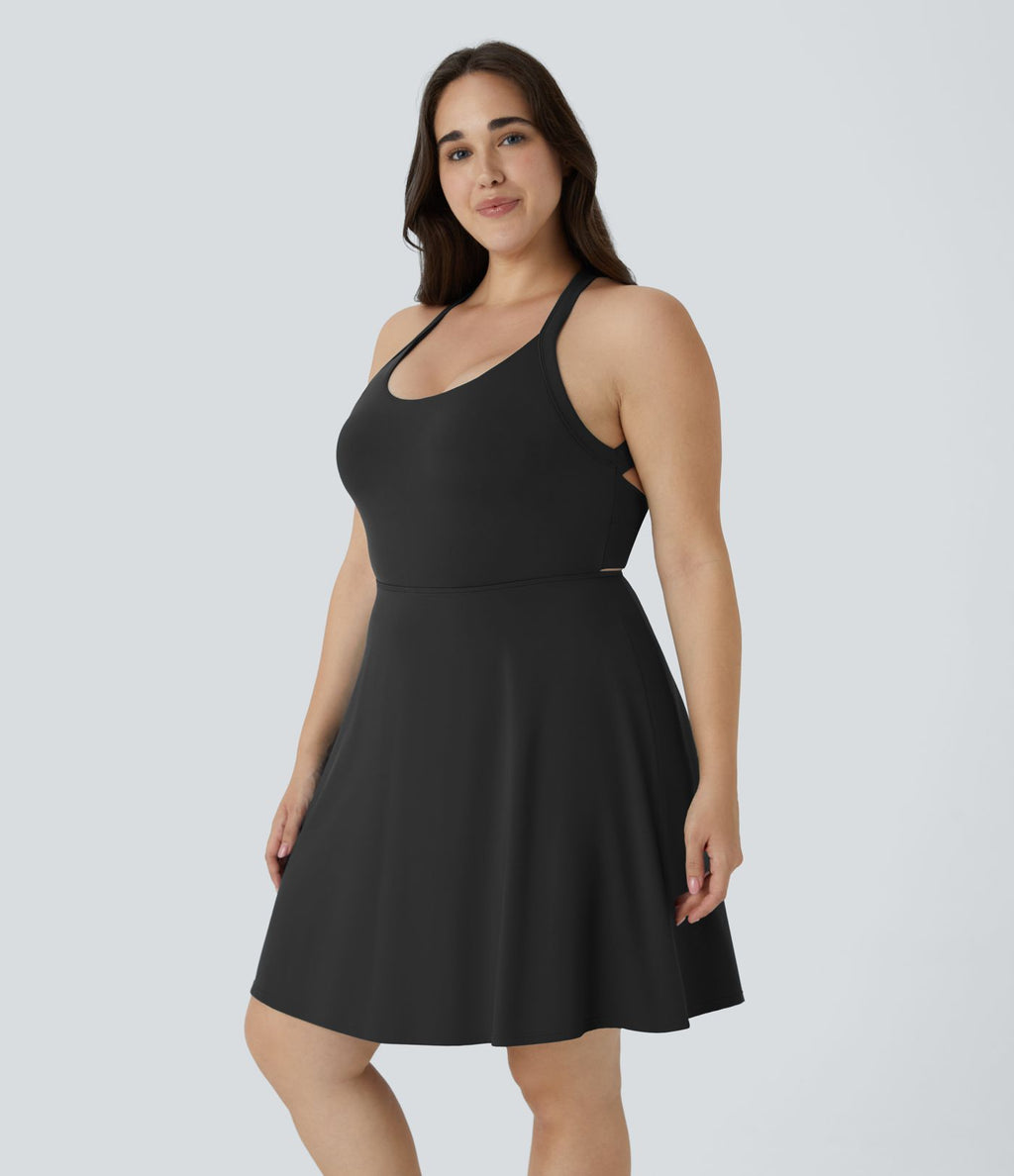 Robe Danse Barre Ballet Grande Taille 2 en 1 Col en U Dos Nu avec Découpe Torsadée et Poches Latérales - Plus Longue