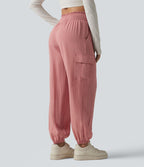 Pantalon cargo décontracté taille haute froncé, aspect lin, avec poches