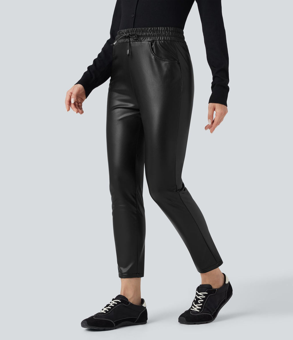 Pantalon fuselé 7/8 décontracté PU molleton extensible taille haute avec cordon et poches