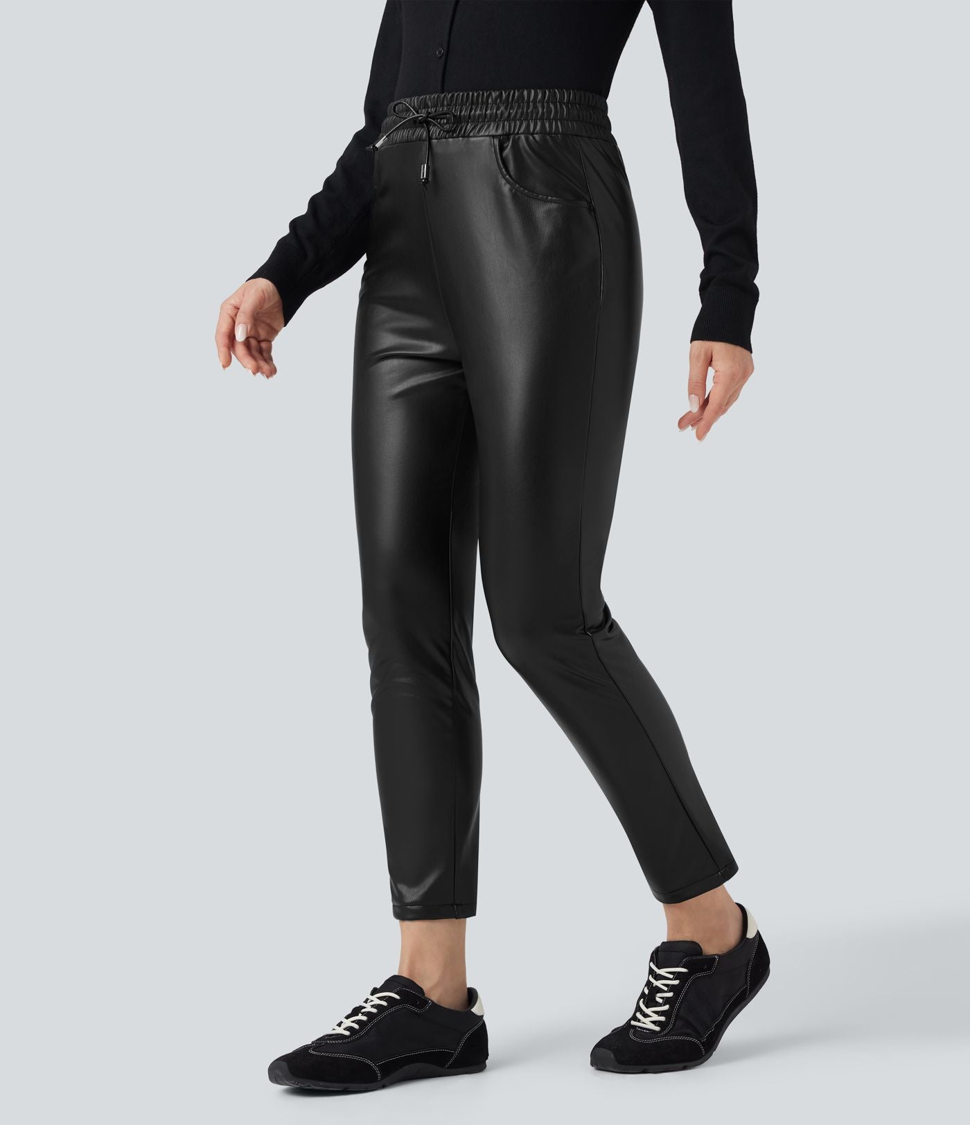 Pantalon fuselé 7/8 décontracté PU molleton extensible taille haute avec cordon et poches