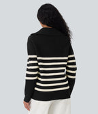 Pull décontracté color block rayé col revers demi-fermeture éclair