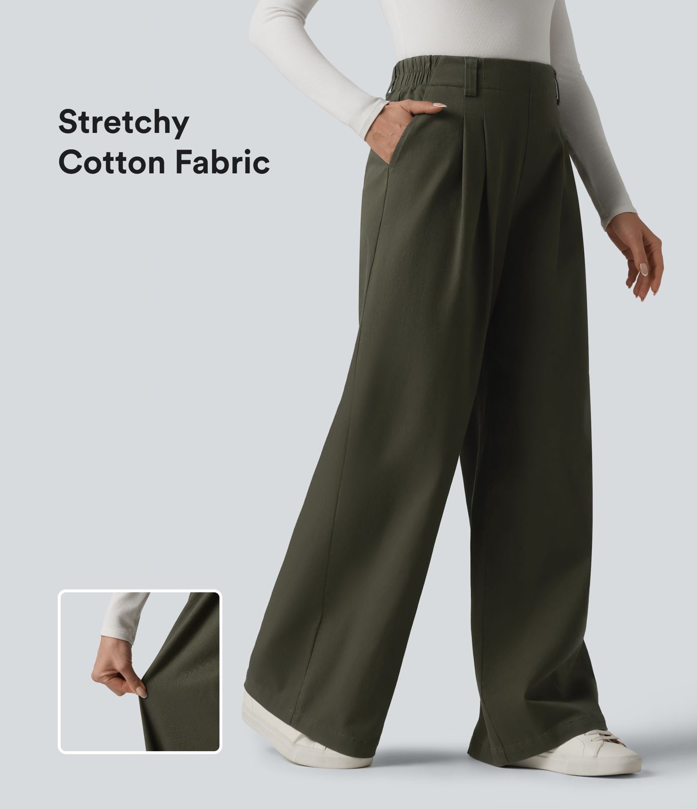 Pantalon chino de travail ample taille haute en coton avec poches