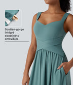 Robe midi fluide sans manches dos croisé ouvert avec poches