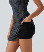 Robe sport de danse mini 2-en-1 avec brassière intégrée UltraSculpt™ à imprimé à carreaux avec poches - Édition Easy Peasy