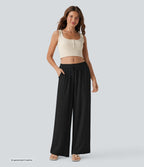 Pantalon baggy large casual effet lin taille basse avec cordon et poches