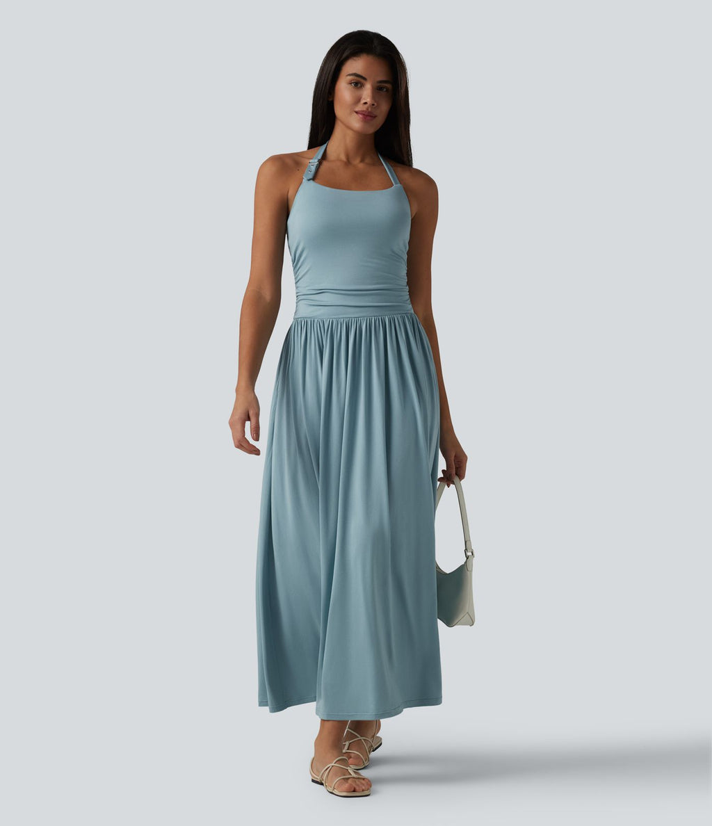 Robe longue fluide dos nu avec tour de cou, brassière intégrée et poches