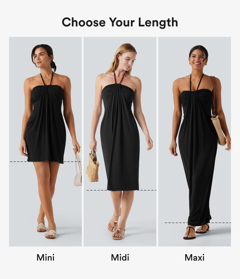 Robe resort mini dos nu à col licou avec lien noué dans le dos et poches