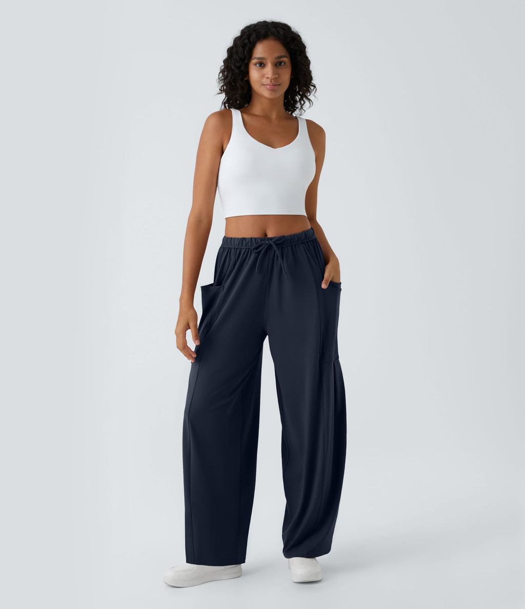 Pantalon Large Fluide Taille Mi-Haute Taille Élastique Cordon Poches Latérales Ourlet Flottant