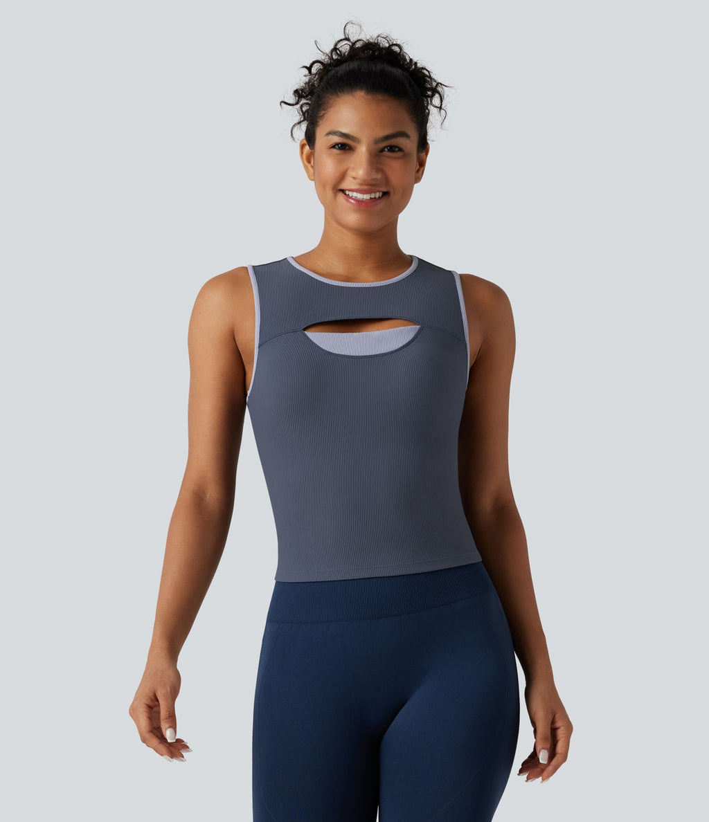Débardeur de sport côtelé col rond color block avec découpe à l'avant
