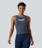 Débardeur de sport côtelé col rond color block avec découpe à l'avant