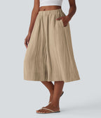 Pantalon fluide large taille mi-haute effet lin avec poche