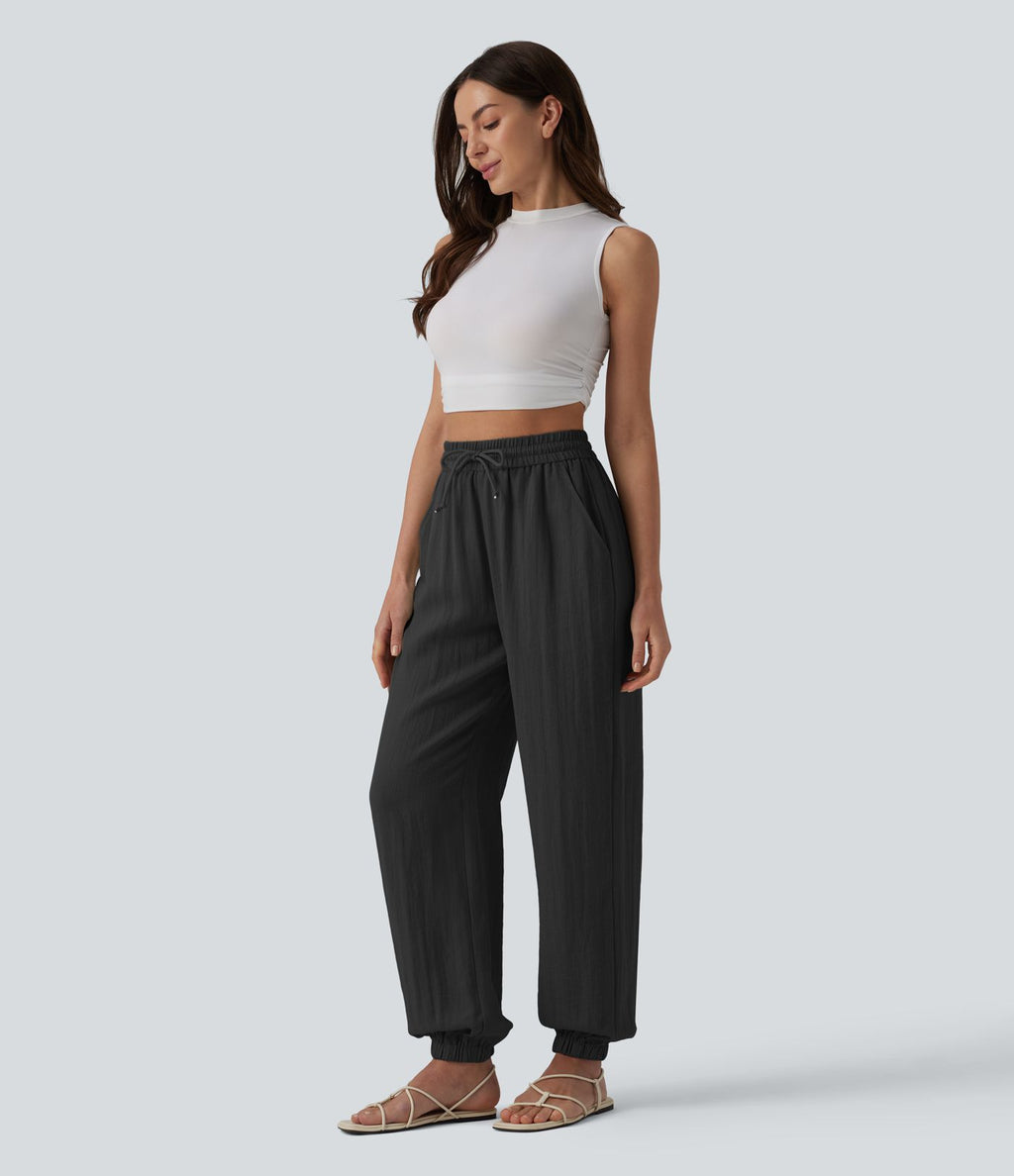 Jogging casual large ample taille haute aspect lin à cordon de serrage avec poches