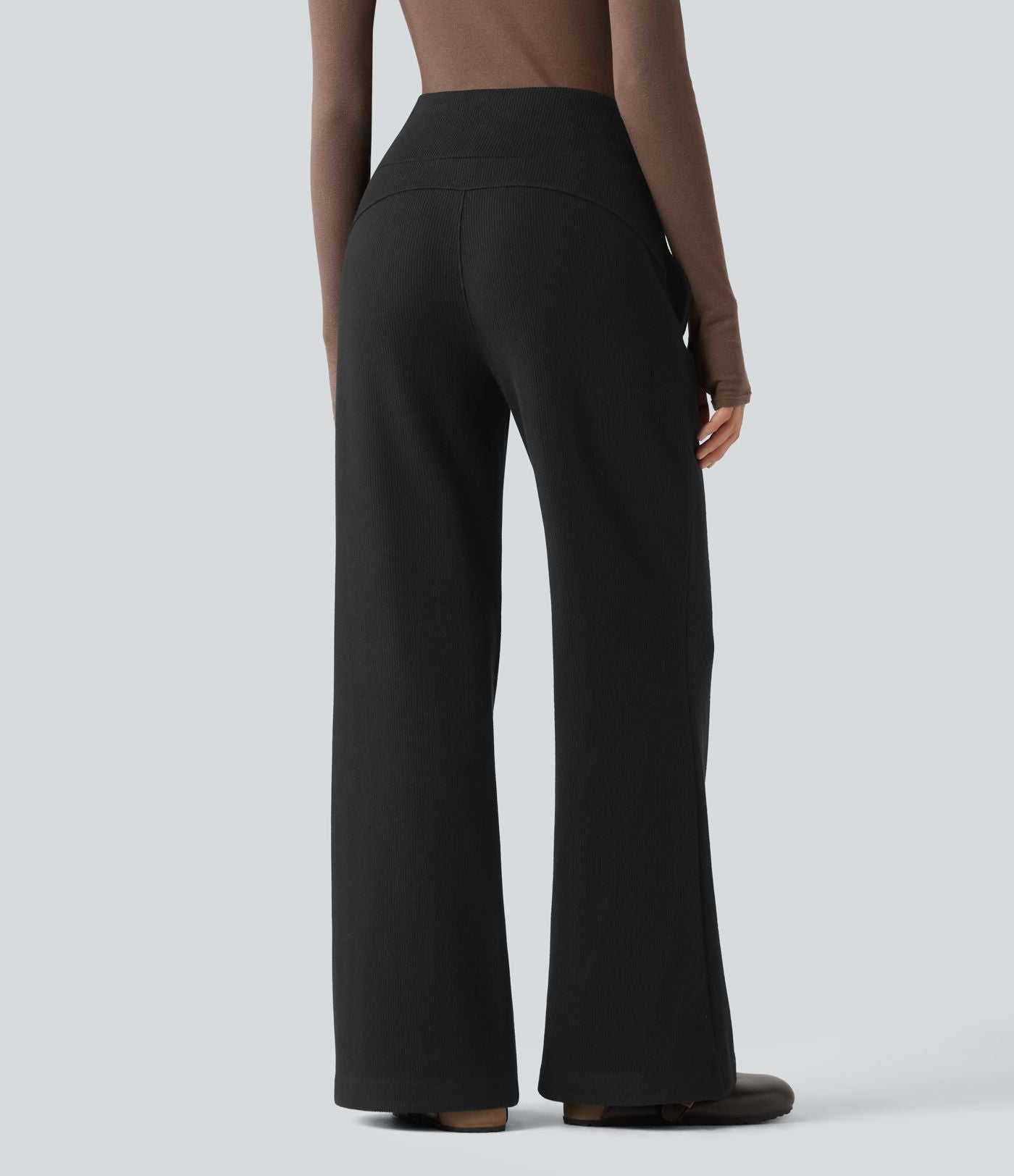 Pantalon large fluide côtelé taille haute avec cordon de serrage et poches
